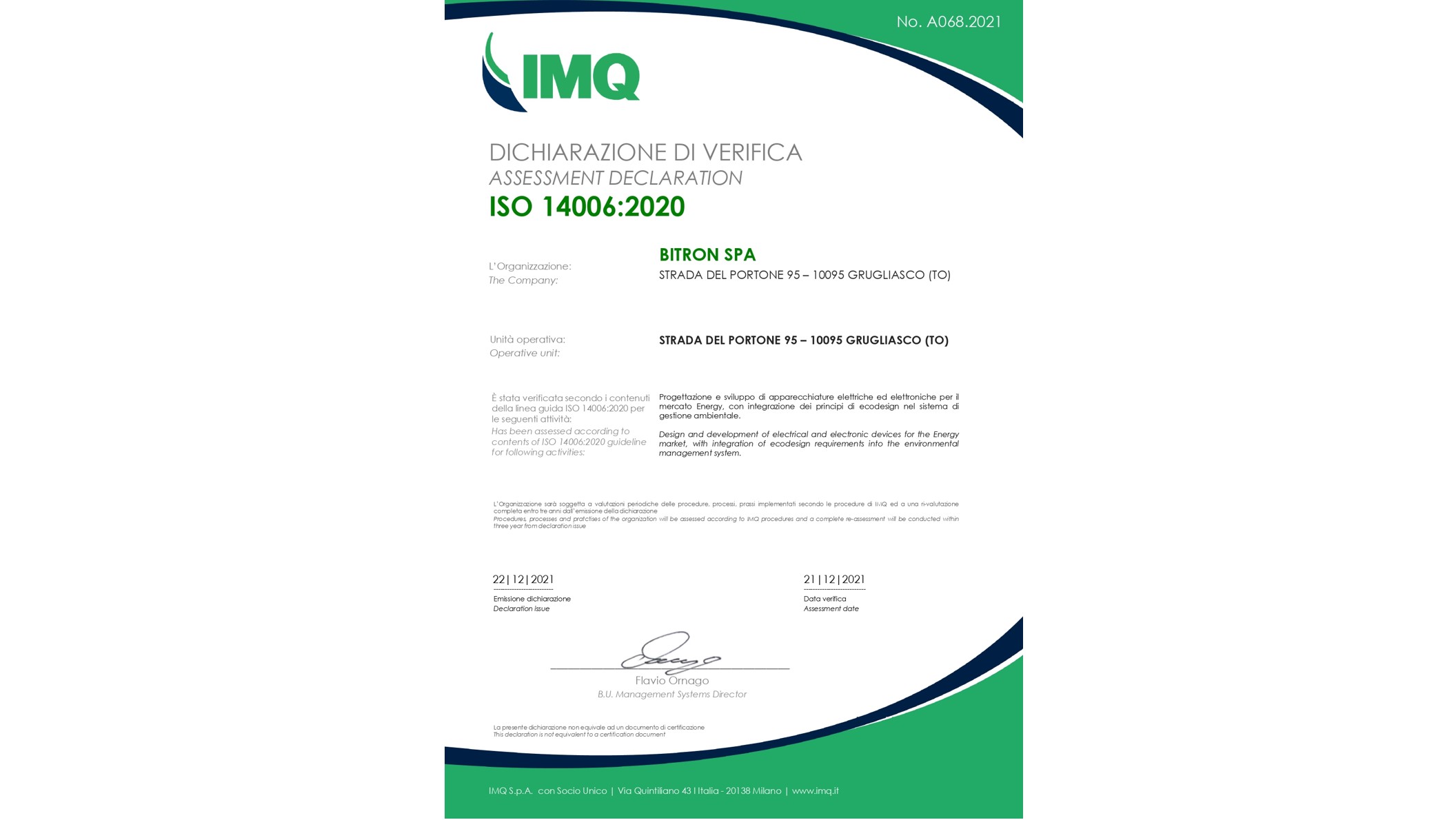 Ecodesign | Declaration of conformity ISO14006:2020 Bitron Electronics